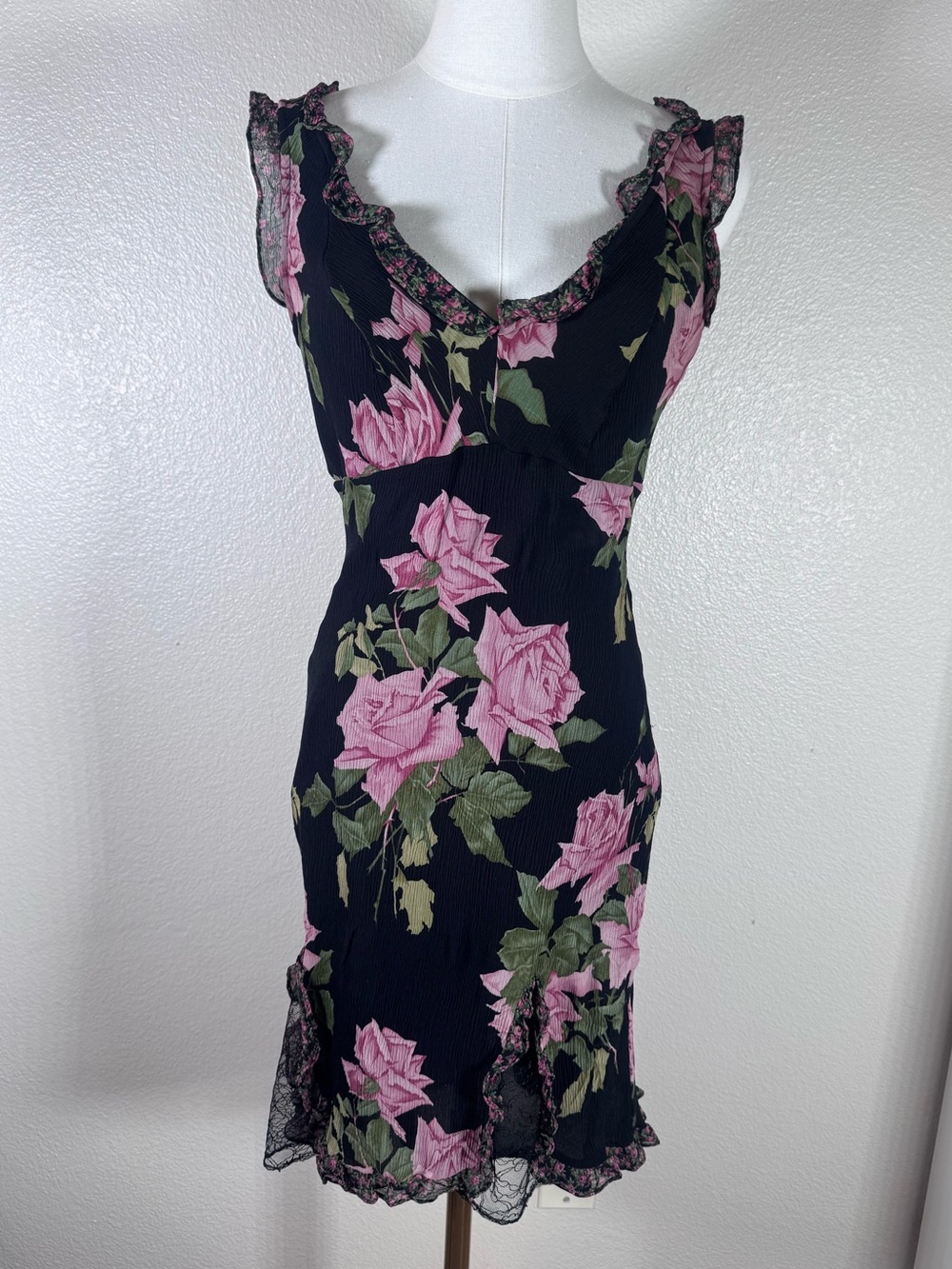 Betsey Johnson Vintage Silk Black Mini Dress with Pink Rose Print Gilmore Girls